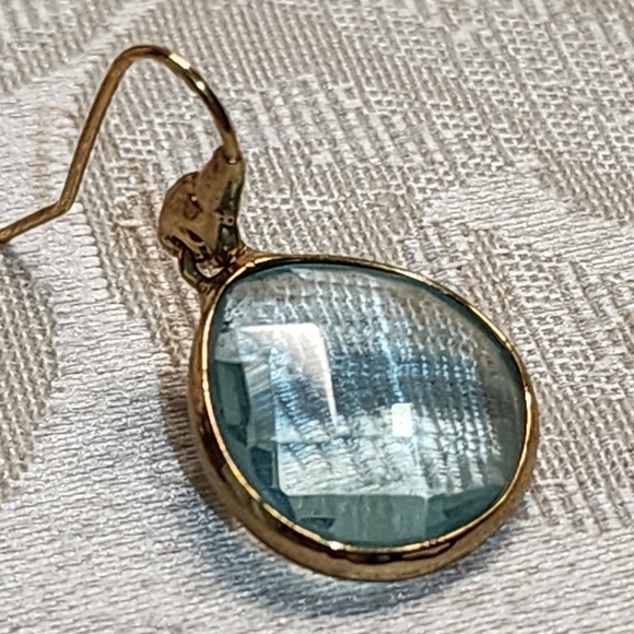 VINTAGE BLUE TOPAZ ROUND BEZEL DROP EARRINGS GOLD PLATED 1980s - Picture 7 of 11